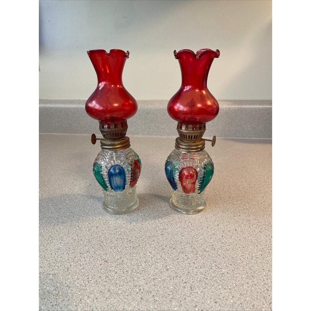 Pair of Vintage Mini Glass Oil Lamps Red Cranberry Chimney Hand Painted Pair